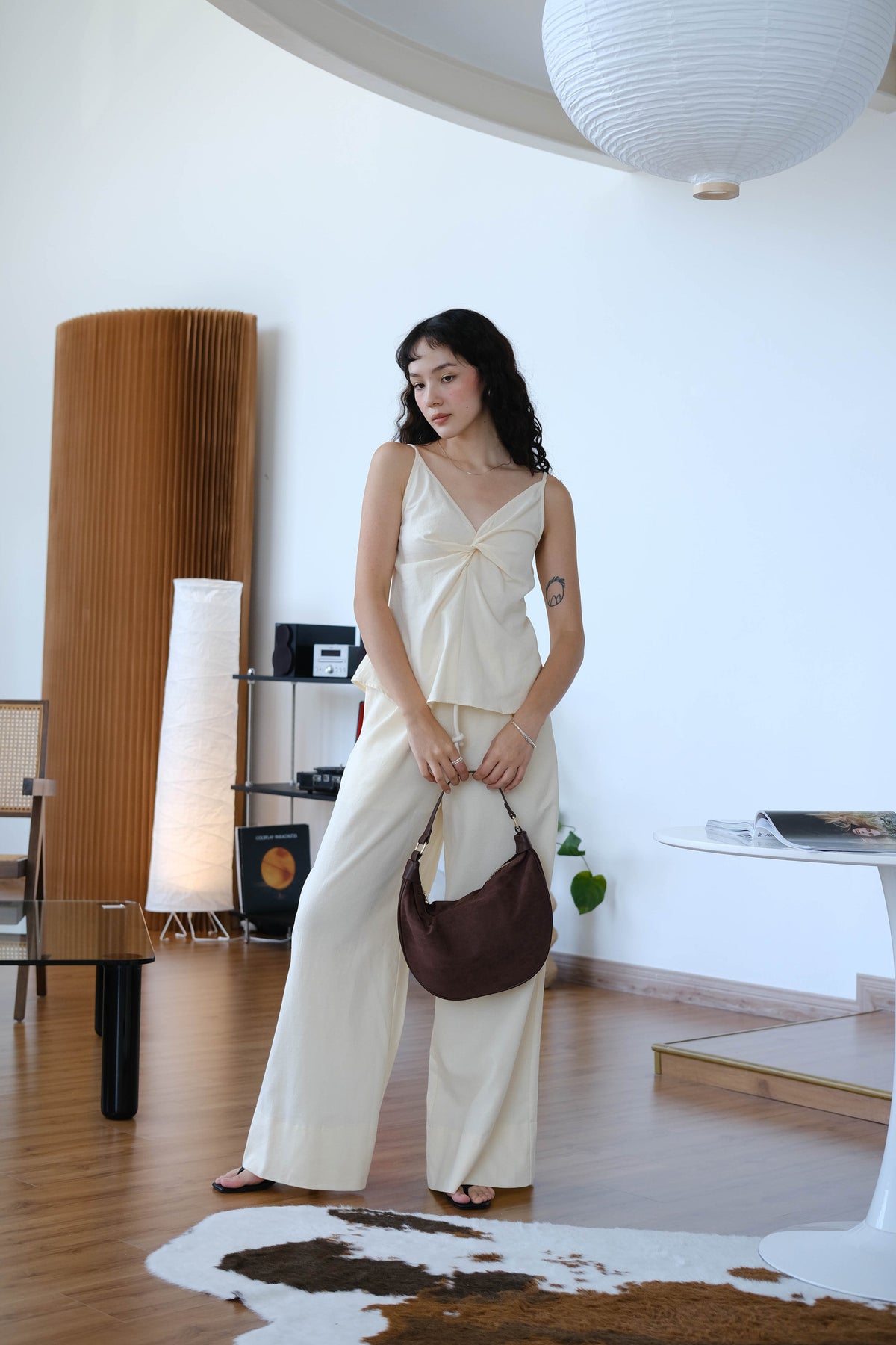 Casual Wide-leg Pants in Cream White With Pocket