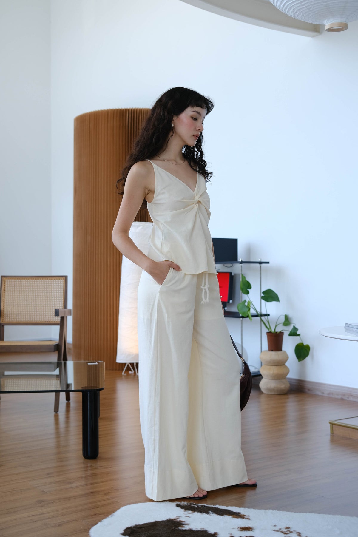 Casual Wide-leg Pants in Cream White With Pocket
