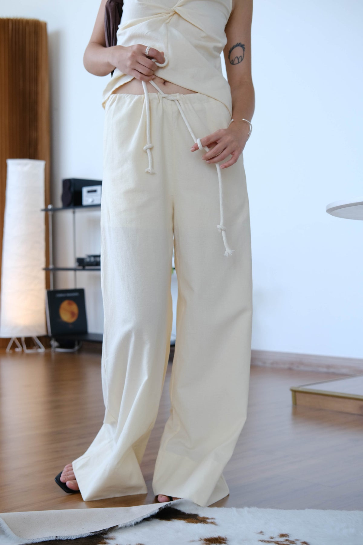 Casual Wide-leg Pants in Cream White With Pocket