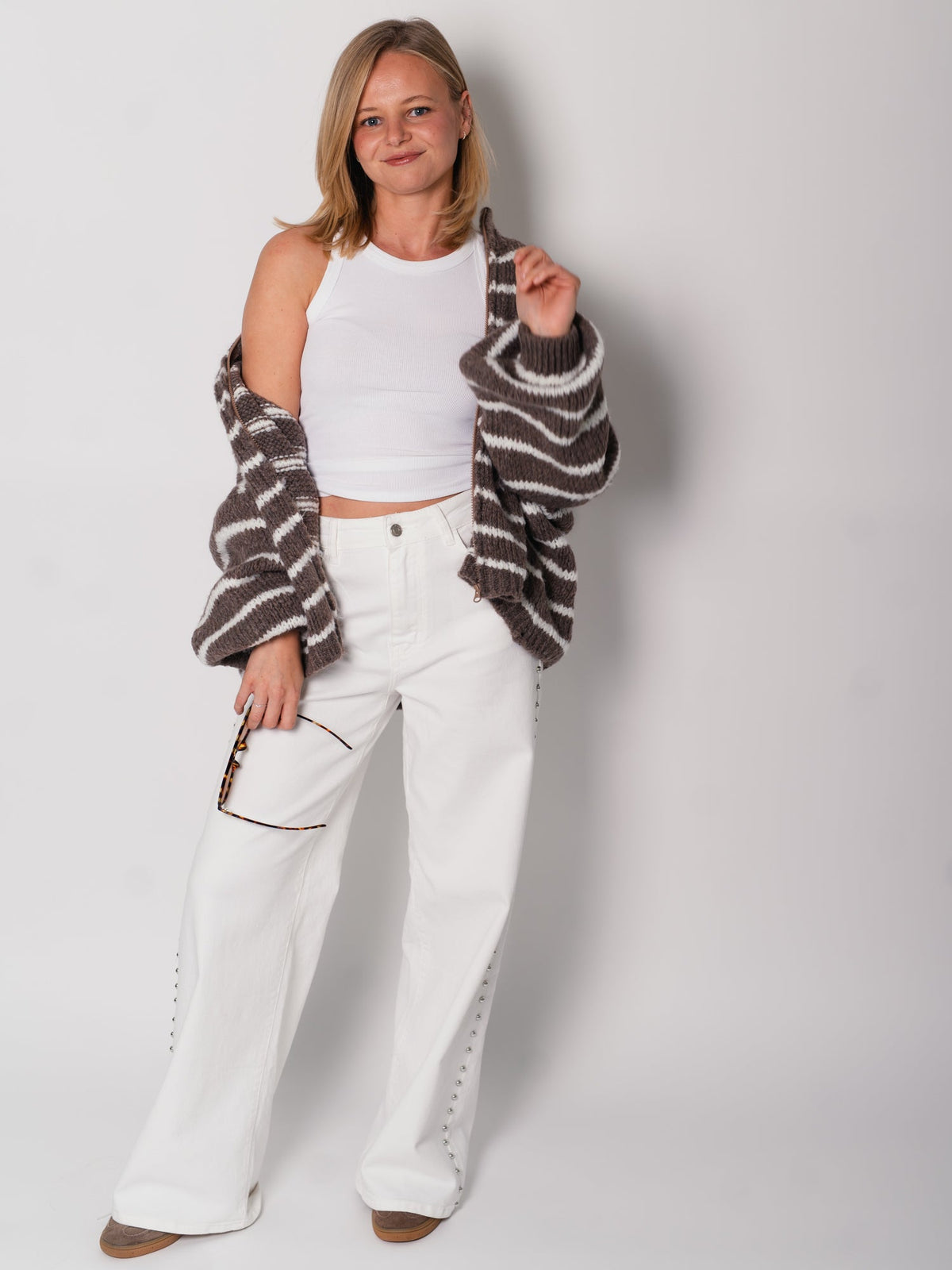Oversize Zipper Strickjacke -  Streifen/Coffee/Creme