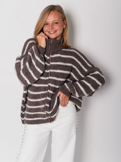 Oversize Zipper Strickjacke -  Streifen/Coffee/Creme
