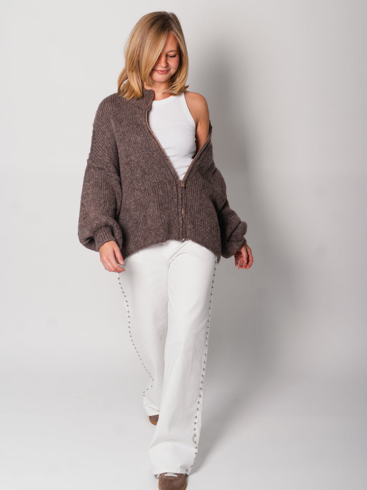 Oversize Zipper Strickjacke -  Coffee