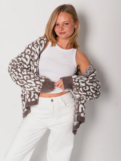 Leo Oversize Zipper Strickjacke -  Leo/Coffee/Weiß