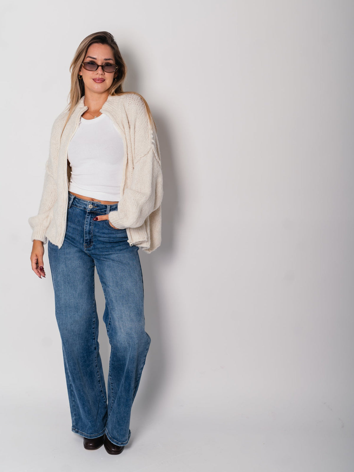 Oversize Zipper Strickjacke -  Beige
