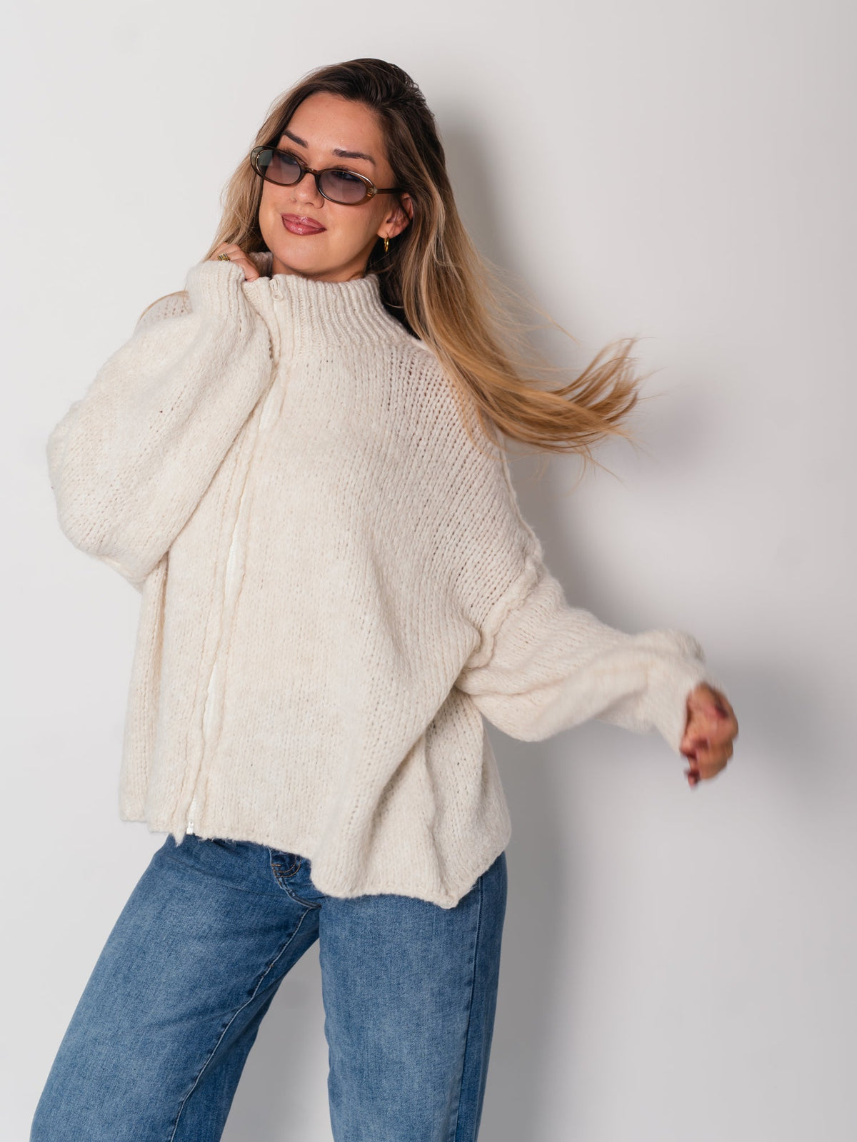 Oversize Zipper Strickjacke -  Beige