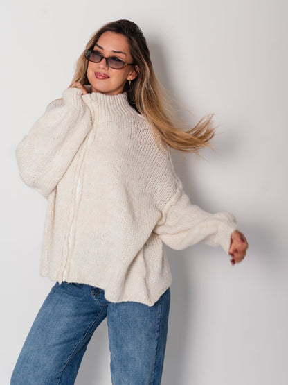 Oversize Zipper Strickjacke -  Beige